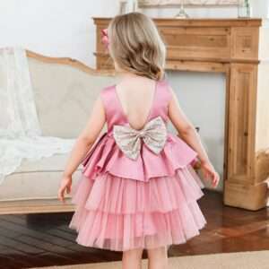 Vestido Elegante Con Tull Y Lazo Rosado