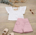 Conjunto niña dos piezas blusa + Falda short Rosada