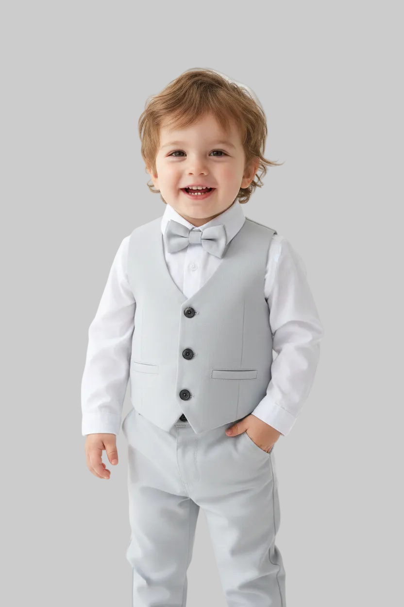 Niño con el conjunto formal de 4 piezas: chaleco y pantalón gris claro, camisa blanca y humita (foto ambientada)