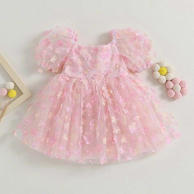 Vestido Rosado Niña Flores 3 D