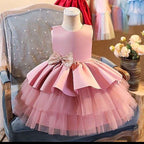 Vestido Elegante Con Tull Y Lazo Rosado