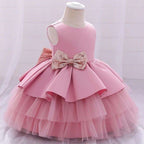 Vestido Elegante Con Tull Y Lazo Rosado