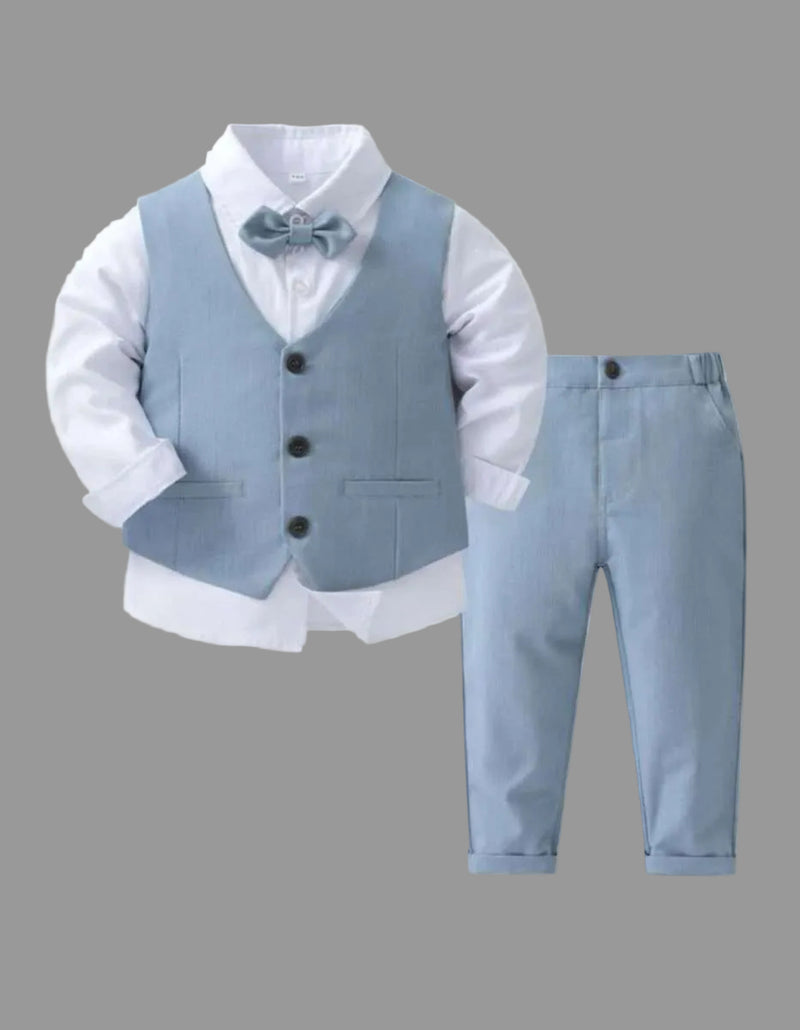 Conjunto formal celeste de 4 piezas: camisa blanca, chaleco, humita y pantalón
