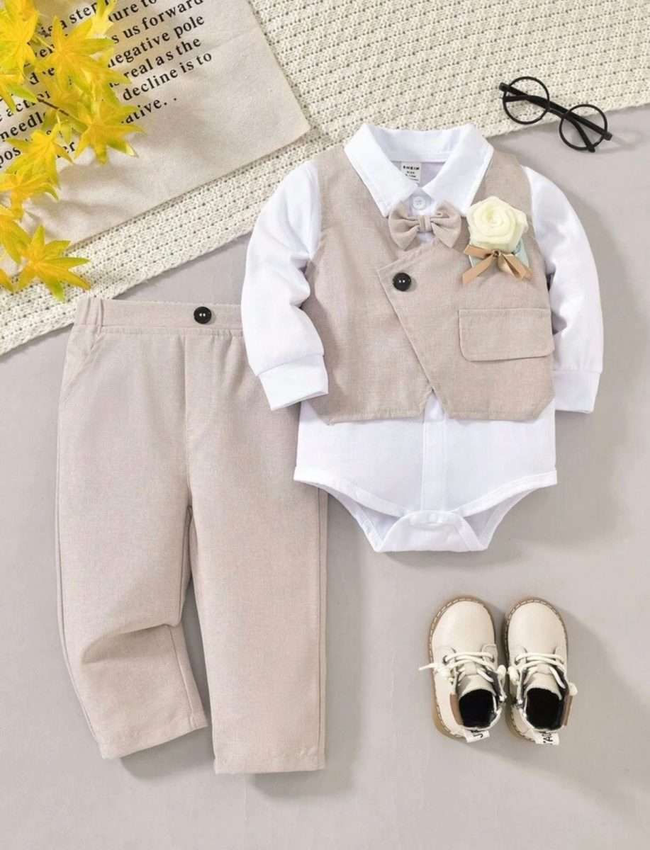 Conjunto formal cafe 3 piezas bebe