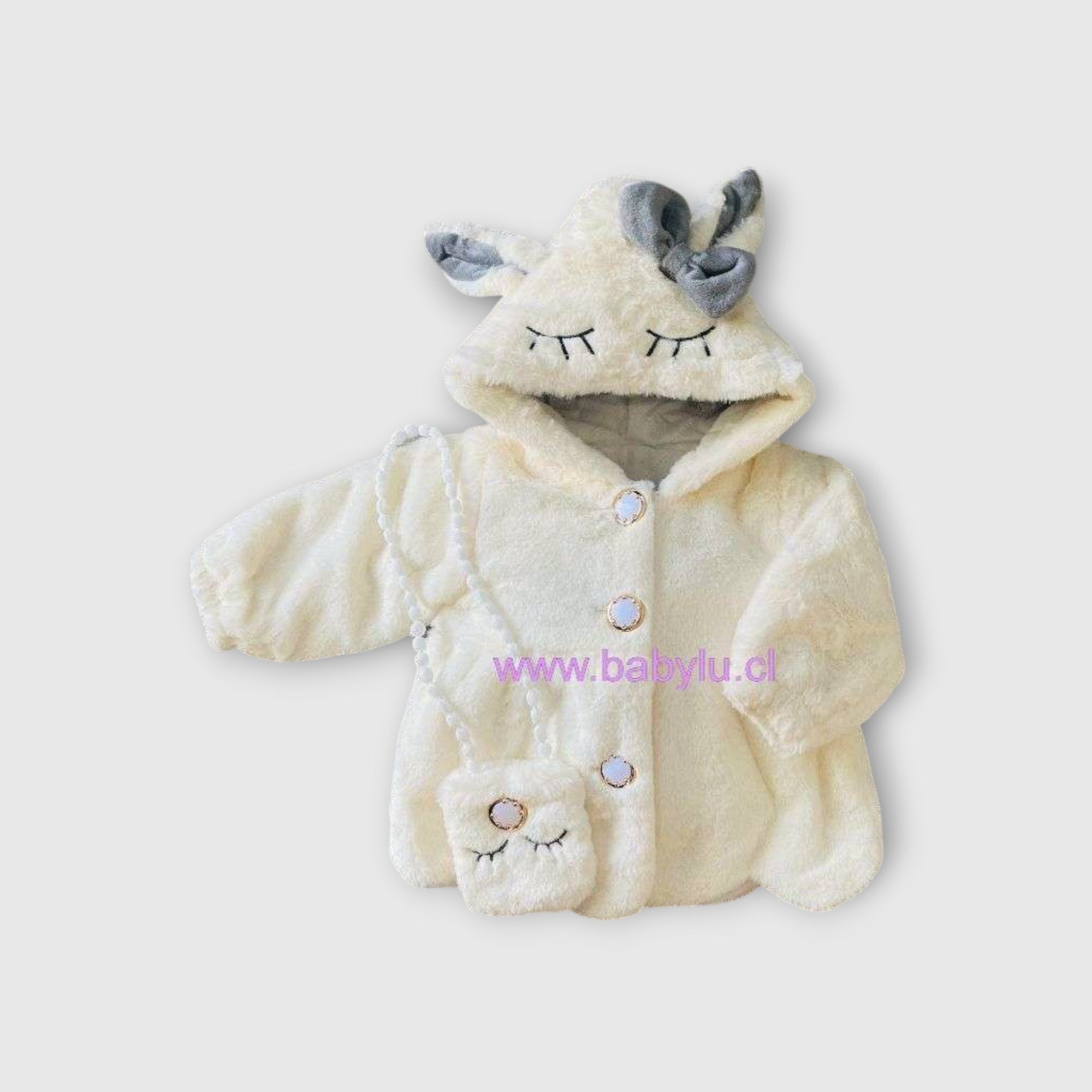 Abrigo peludito blanco Baby Lu con capucha de orejas, lazo gris y cartera a juego para bebé y niña pequeña
