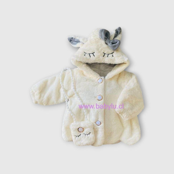 Abrigo peludito blanco Baby Lu con capucha de orejas, lazo gris y cartera a juego para bebé y niña pequeña