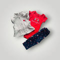 Conjunto de 3 piezas Baby Lu para bebé niña con chaleco acolchado gris, body rojo y pantalón azul con flores