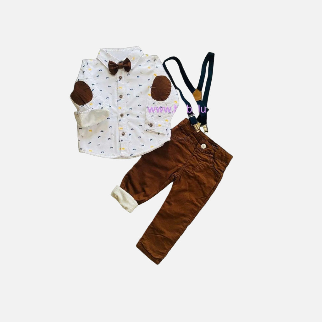 Conjunto formal Baby Lu para bebé con camisa estampada, pantalón café, humita y suspensores para invierno