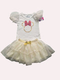 Conjunto de dos piezas Baby Lu para niña con camiseta blanca de Minnie Mouse y falda de tul brillante con lazo