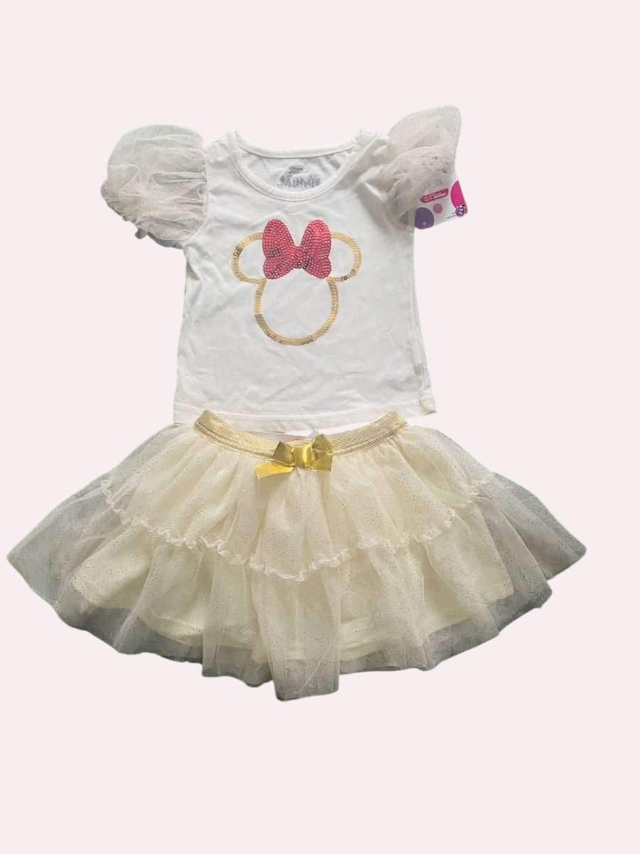 Conjunto de dos piezas Baby Lu para niña con camiseta blanca de Minnie Mouse y falda de tul brillante con lazo