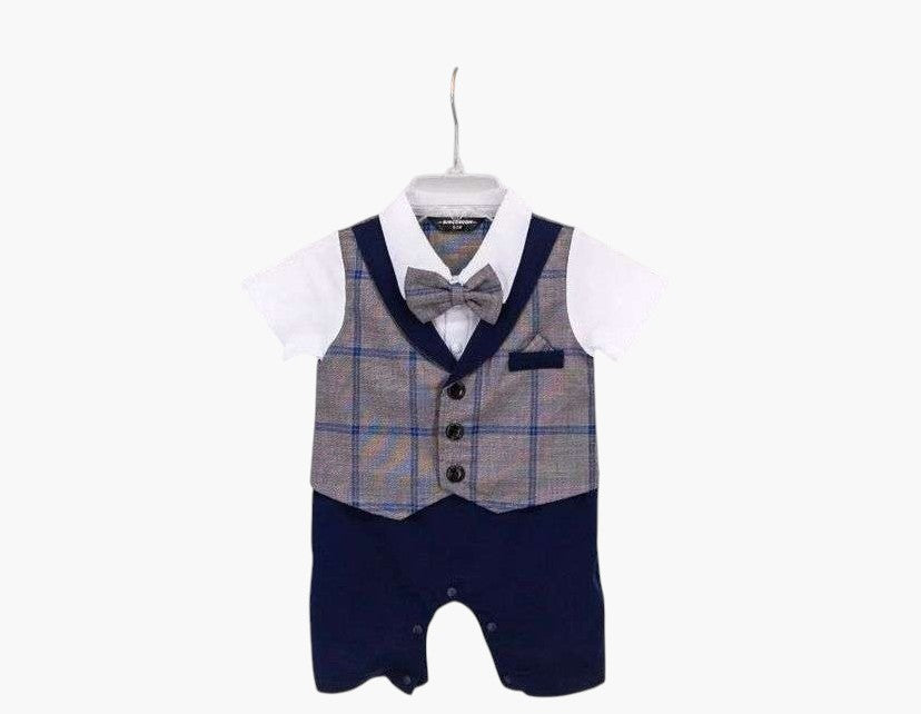 Enterito formal Baby Lu para bebé con chaleco cuadrillé gris, camisa blanca y humita, ideal para bautizos.