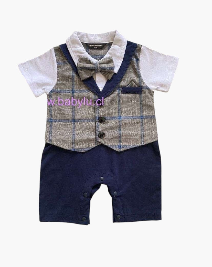 Enterito formal de verano Baby Lu para bebé niño en algodón gris cuadrillé con humita y short azul marino