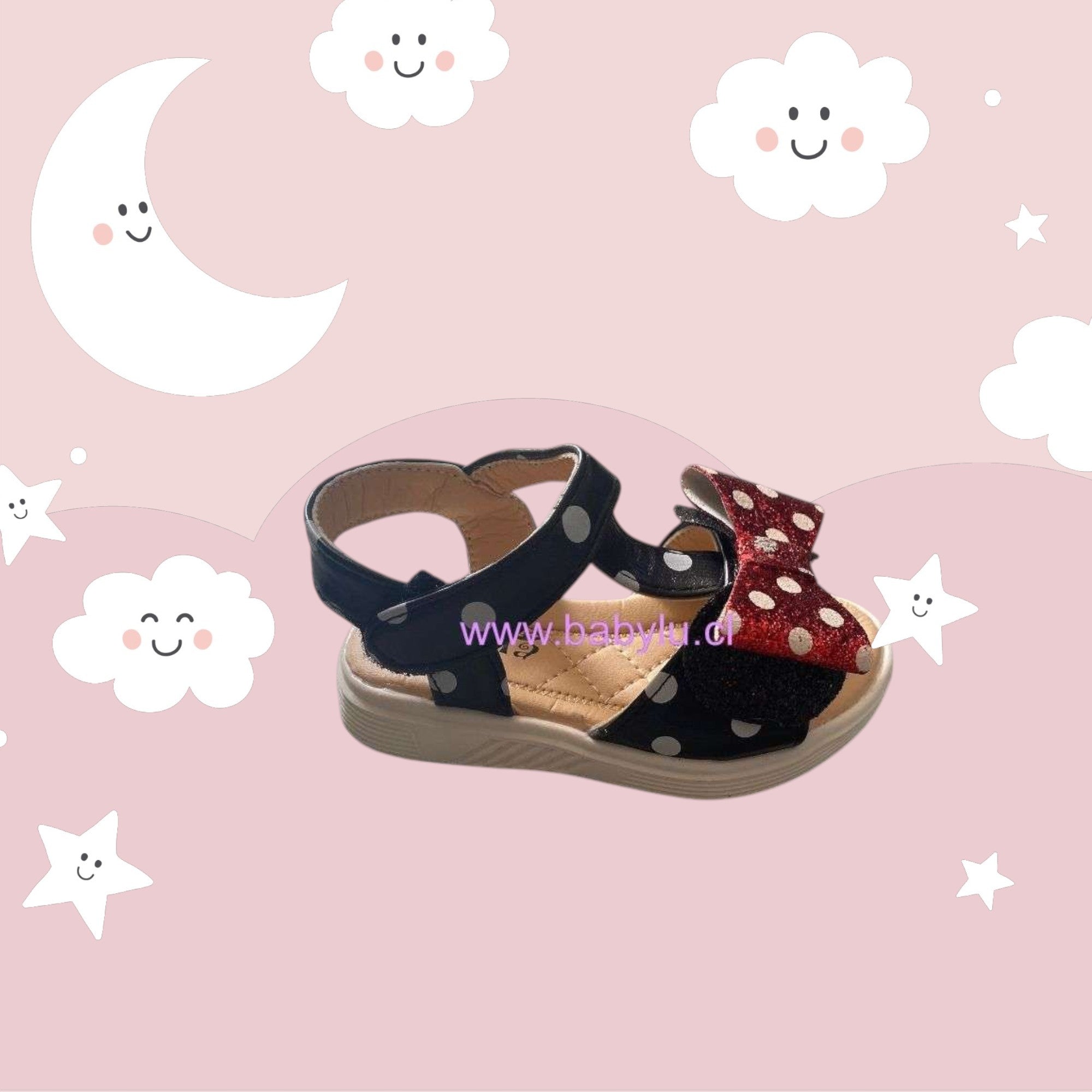Sandalias Baby Lu negras de Minnie Mouse para niña con lunares blancos y lazo rojo brillante