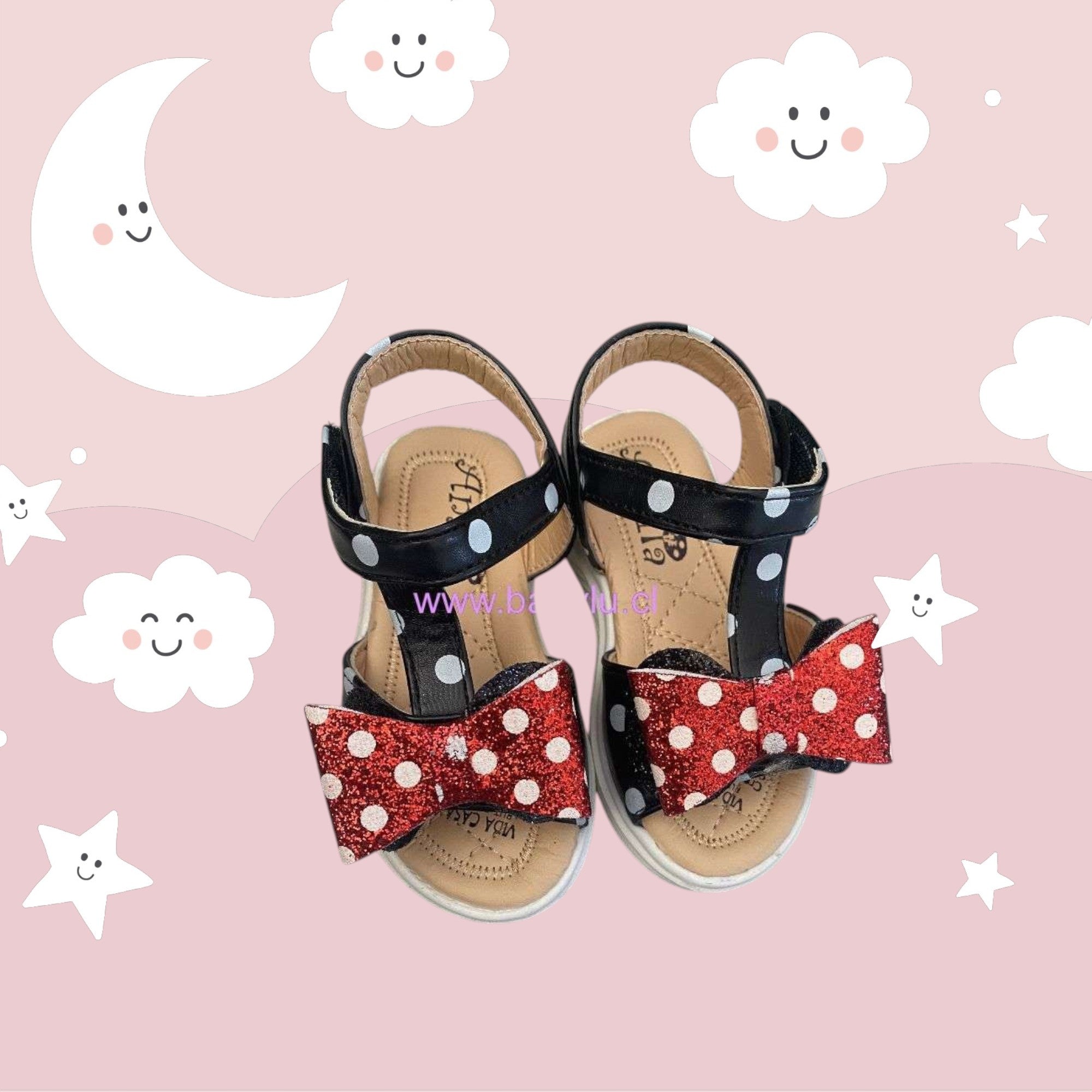 Sandalias Baby Lu negras con lunares blancos y lazo rojo brillante de Minnie Mouse para niña