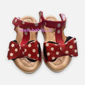 Sandalias Baby Lu rojas de Minnie Mouse para niña con lazo brillante de lunares y cierre de velcro ajustable