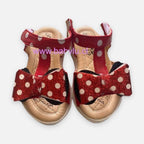 Sandalias Baby Lu rojas de Minnie Mouse para niña con lazo brillante de lunares y cierre de velcro ajustable