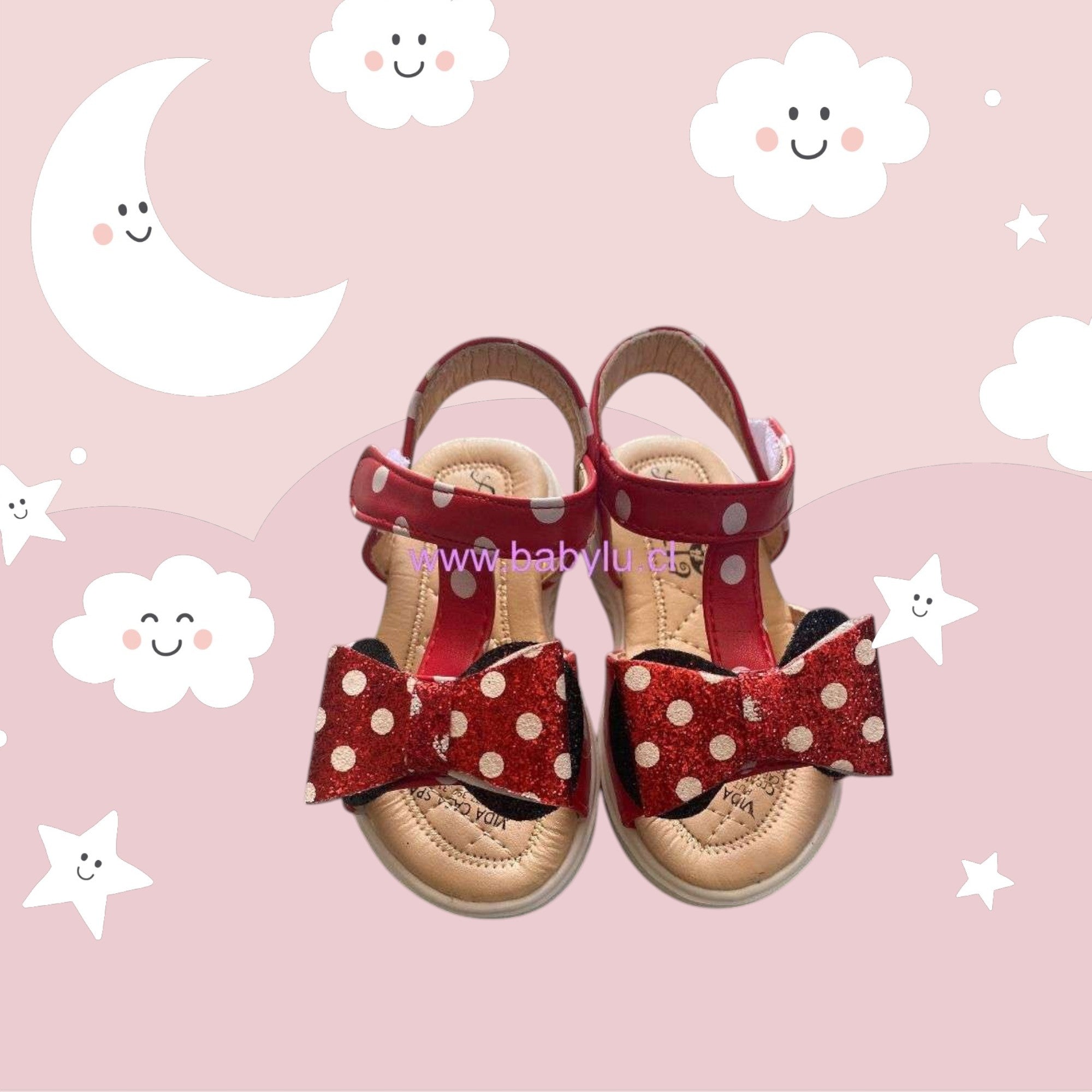 Sandalias Baby Lu rojas de Minnie Mouse para niña con lazo brillante de lunares y cierre de velcro ajustable