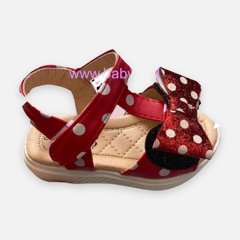 Sandalias Baby Lu rojas con lunares blancos y lazo brillante de Minnie Mouse para niña