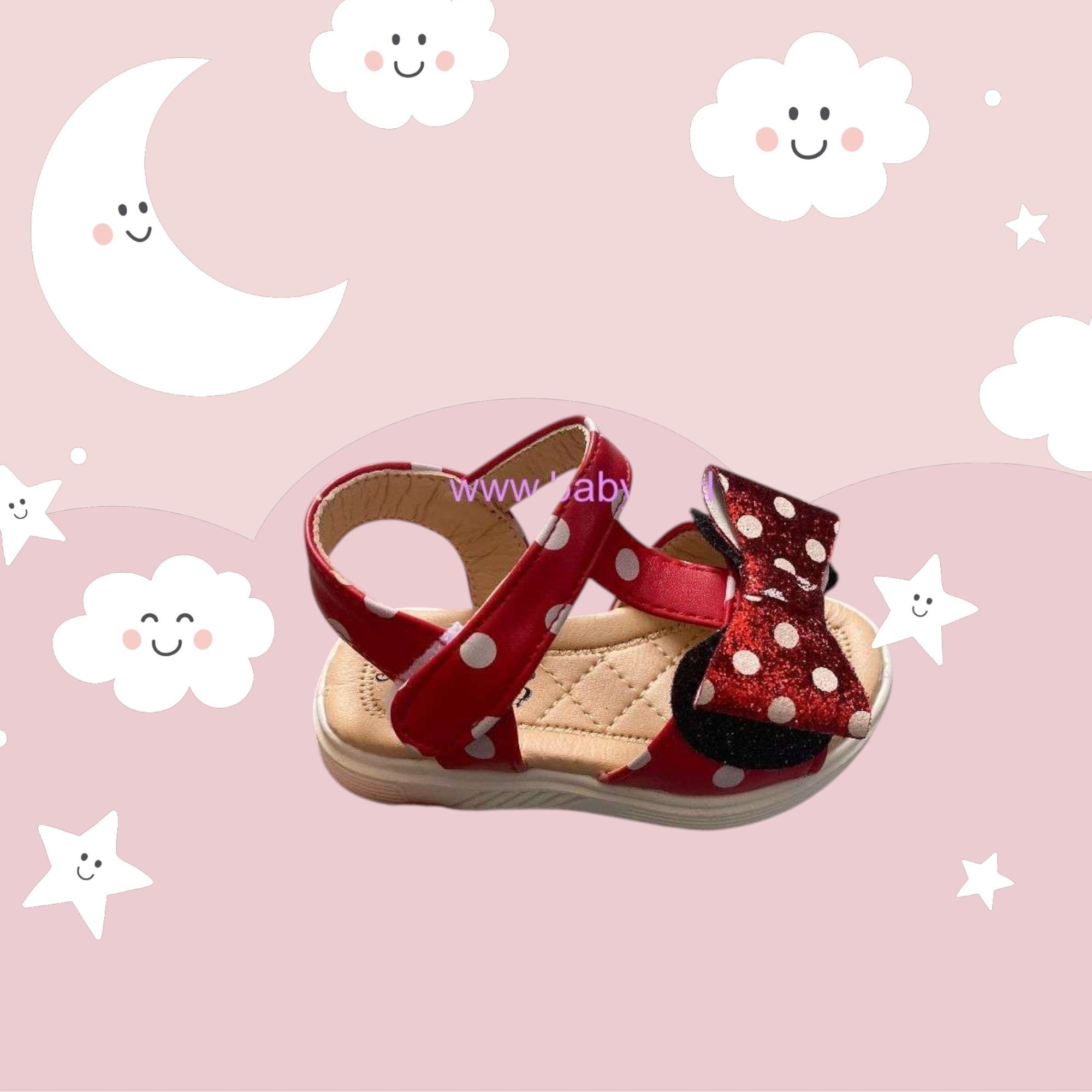 Sandalias Baby Lu rojas con lunares blancos y lazo brillante de Minnie Mouse para niña