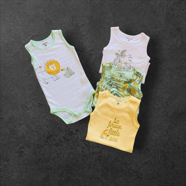 Set de 4 bodies Baby Lu de algodón para bebé con estampados de leones y motivos naturales en tonos amarillos y verdes