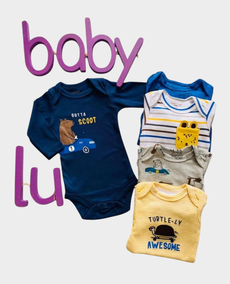 Set de 5 bodies Baby Lu de algodón para bebé niño con estampados de animales y rayas en tonos azul, amarillo y gris.