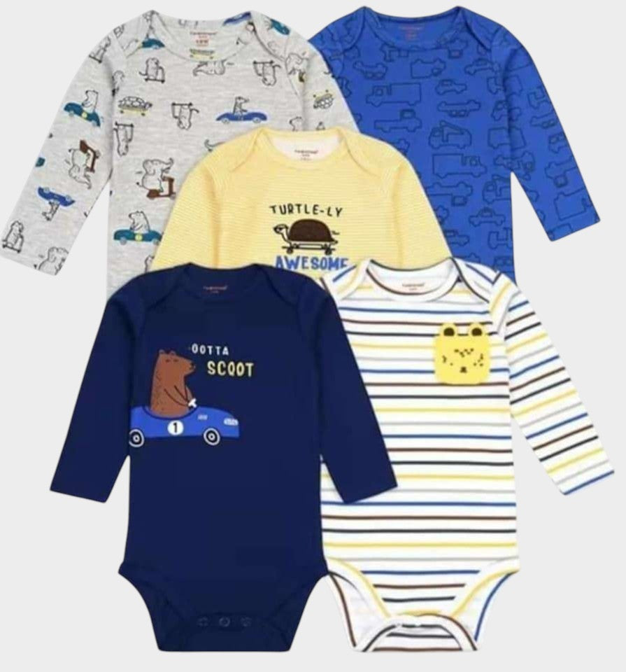 Set de 5 bodies Baby Lu de algodón manga larga para bebé niño con estampados de animales y rayas en tonos variados
