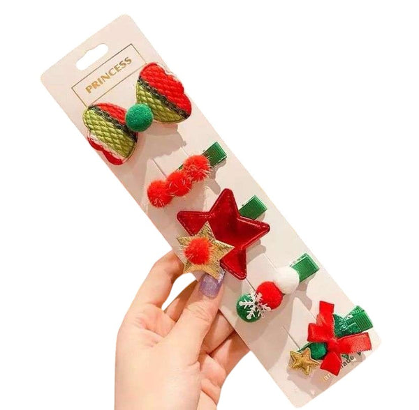 Set de 5 pinches de Navidad Baby Lu con motivos de lazo, estrella y pompones en colores rojo y verde para niñas.