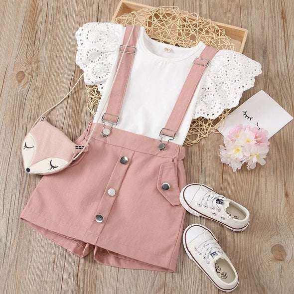Conjunto Polera + Falda jardinera Rosada