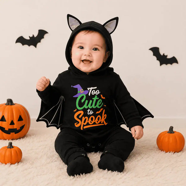 Bebé con disfraz de murciélago negro: enterito con alas, gorro con orejitas y estampado Too Cute to Spook