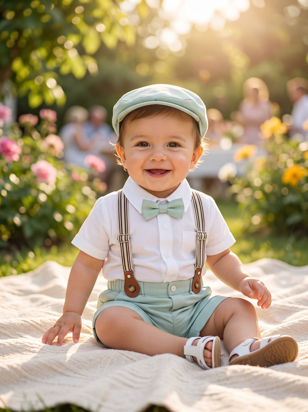 lifestyle: A NEW photorealistic photograph being composed from scratch — NOT a modification of any input image. This is a bright summer garden party scene with lush green foliage and soft-focus blooming flowers in the background. A baby is seated playfully on a cream-colored picnic blanket in the foreground. The outfit is worn by the baby, who is looking towards the camera with a joyful expression, with hands resting on the blanket. Eye-level camera angle, 50mm normal lens, f/2.8 shallow depth of field wit…