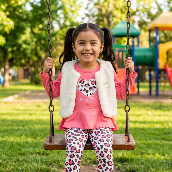 lifestyle: A new photorealistic photograph being composed from scratch – NOT a modification of any input image. The input is provided for product identity reference only. A vibrant, sun-drenched park playground. A classic wooden swing set stands prominently, surrounded by lush green grass. In the background, hints of colorful playground equipment are visible. The atmosphere is bright and cheerful. A joyful Latina girl, 5-6 years old, with dark hair tied in pigtails, a slender build, wearing the complete ou…