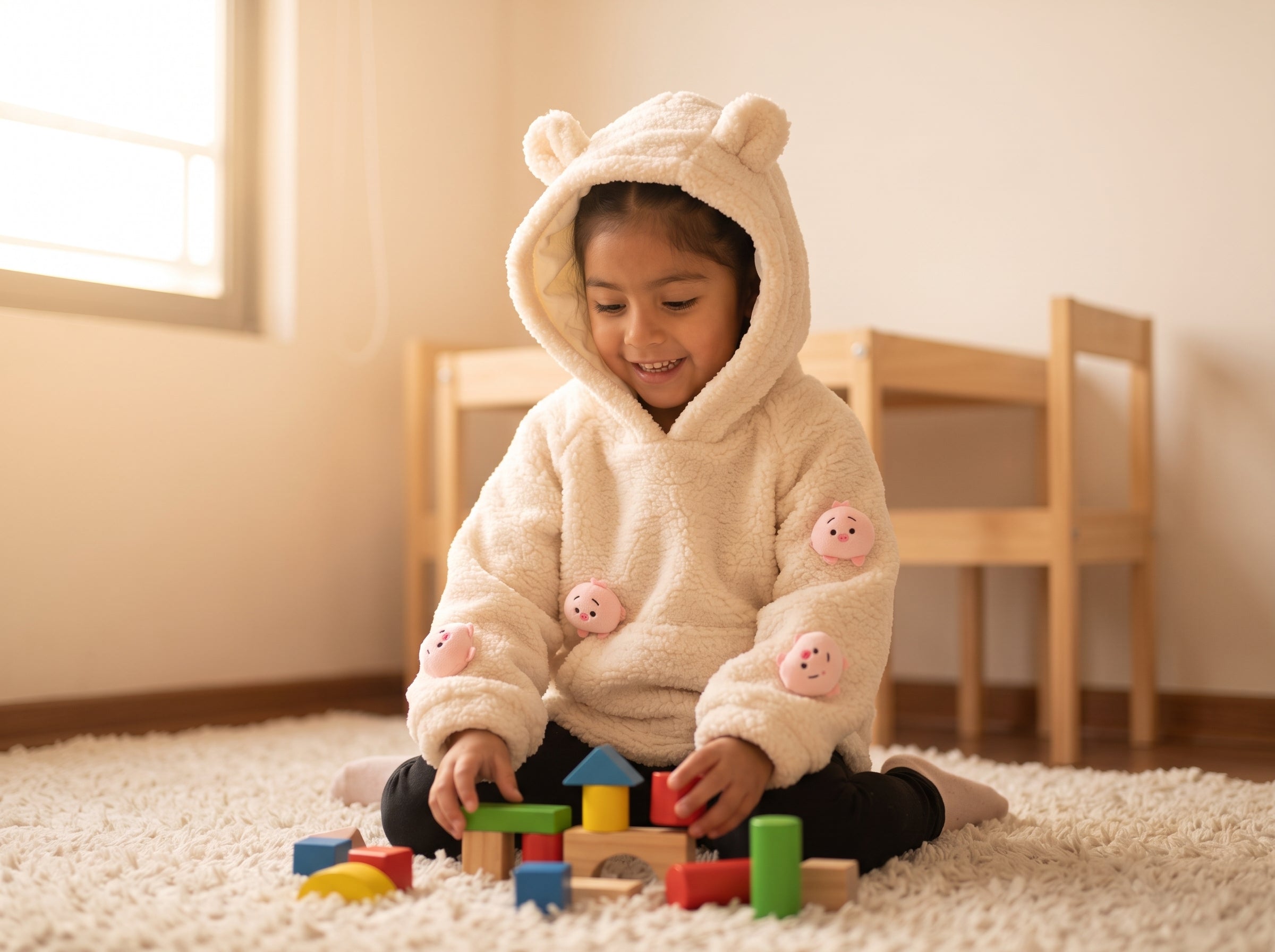 lifestyle: A new photorealistic photograph, not a modification of an input image. An eye-level shot captures a cozy child's bedroom bathed in warm, soft diffused light from a window on the left. The scene features light-colored walls in pastel tones and a light wooden floor, partially covered by a plush, off-white rug. In the background, hints of child-sized wooden furniture are visible. A Latina girl, approximately 5 years old, with dark hair tied back, is seated comfortably on the rug, happily playing wi…